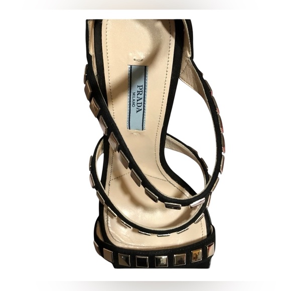 PRADA “STUNNING” Triple Strap Studded Donna Calzature Black Suede Heels🌷 - Picture 15 of 15